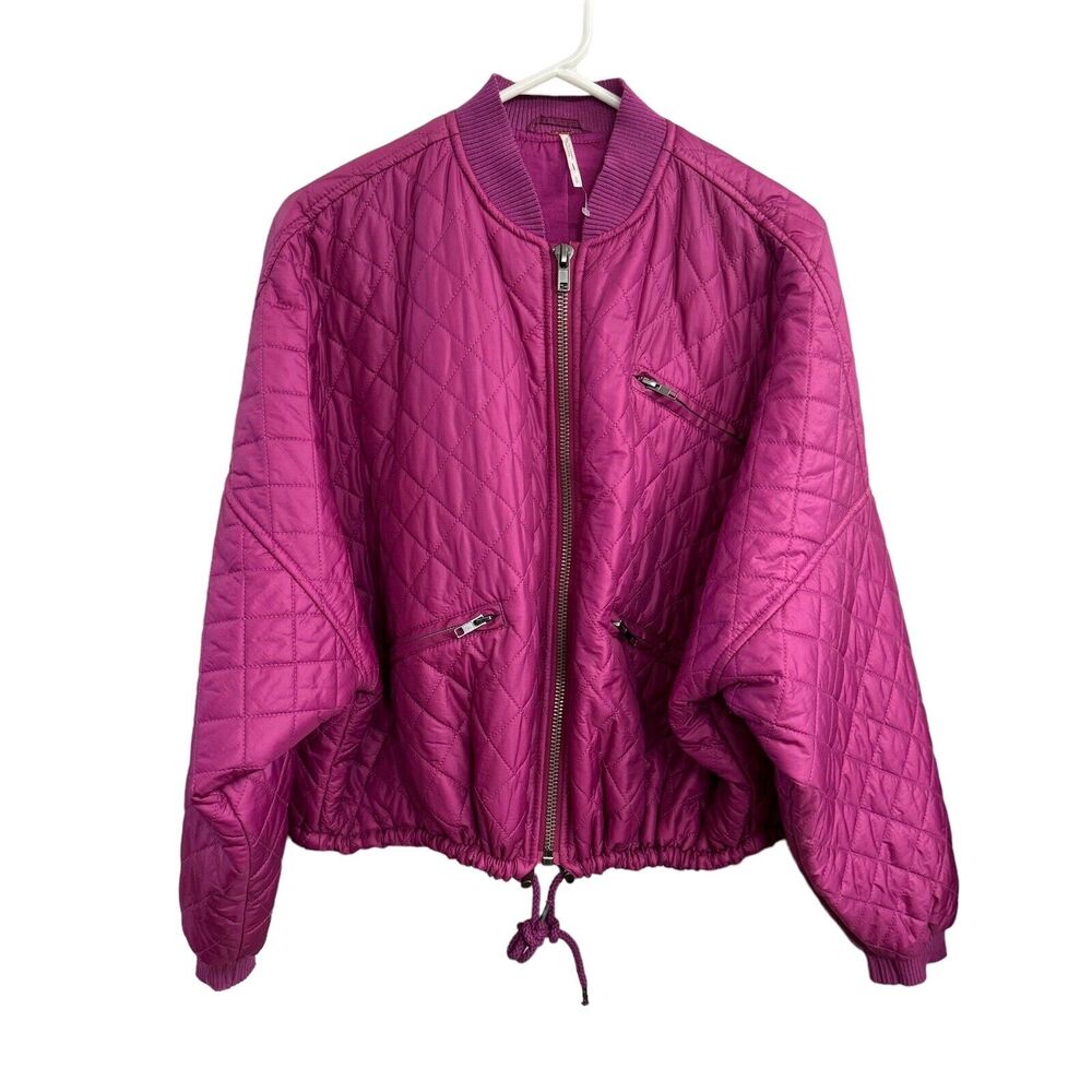 Free People Easy Quilted Dolman Sleeve Oversized Cropped Jacket Womens S Magenta